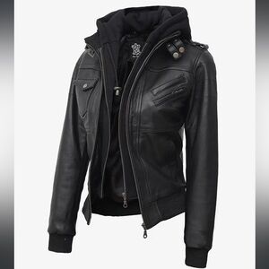 Women’s Black Lambskin Leather Bomber Jacket with Hooded Layer